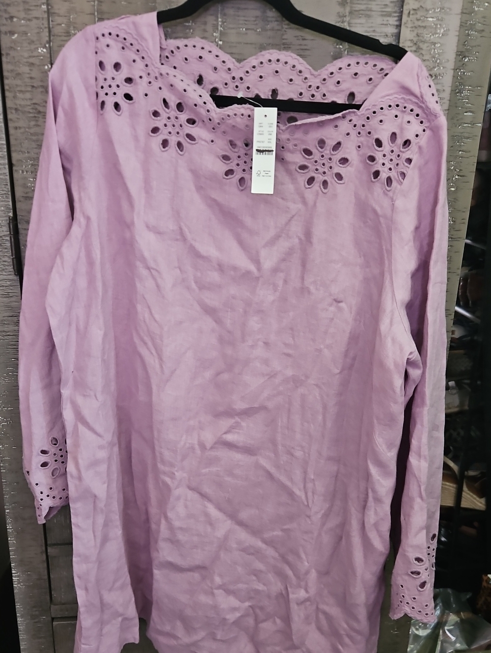 J Crew Women's Lavender Eyelet-Trim Long Sleeve Dress 100% Linen